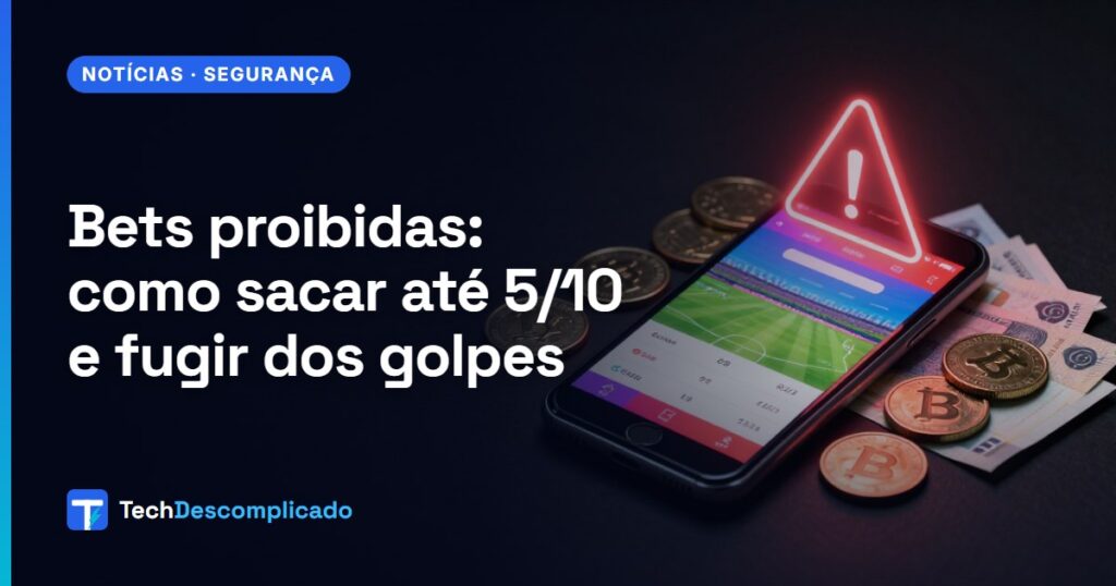 Celular com aplicativo de apostas e um sinal de alerta vermelho sobre moedas e cédulas