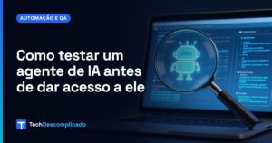 Lupa inspecionando o ícone de um robô de IA na tela de um notebook
