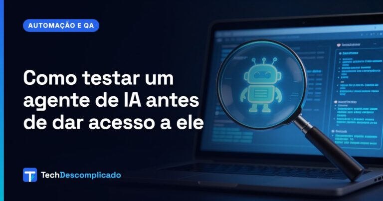 Lupa inspecionando o ícone de um robô de IA na tela de um notebook