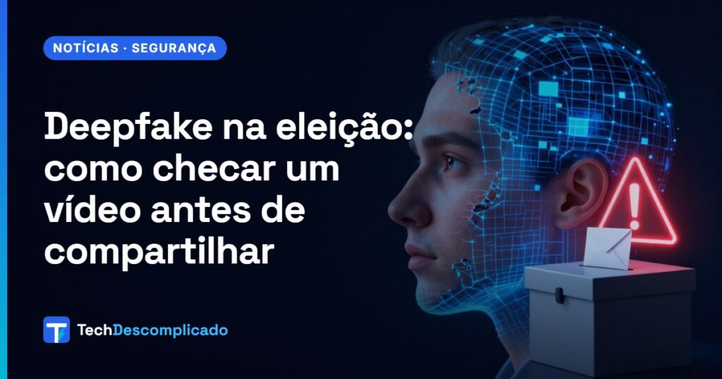 Rosto metade real e metade digital ao lado de um alerta vermelho e de uma urna: deepfake nas eleições