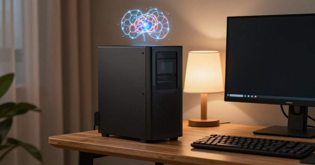 Ilustração de um computador de mesa em casa, à noite, com uma rede neural em holograma brilhando sobre o gabinete.