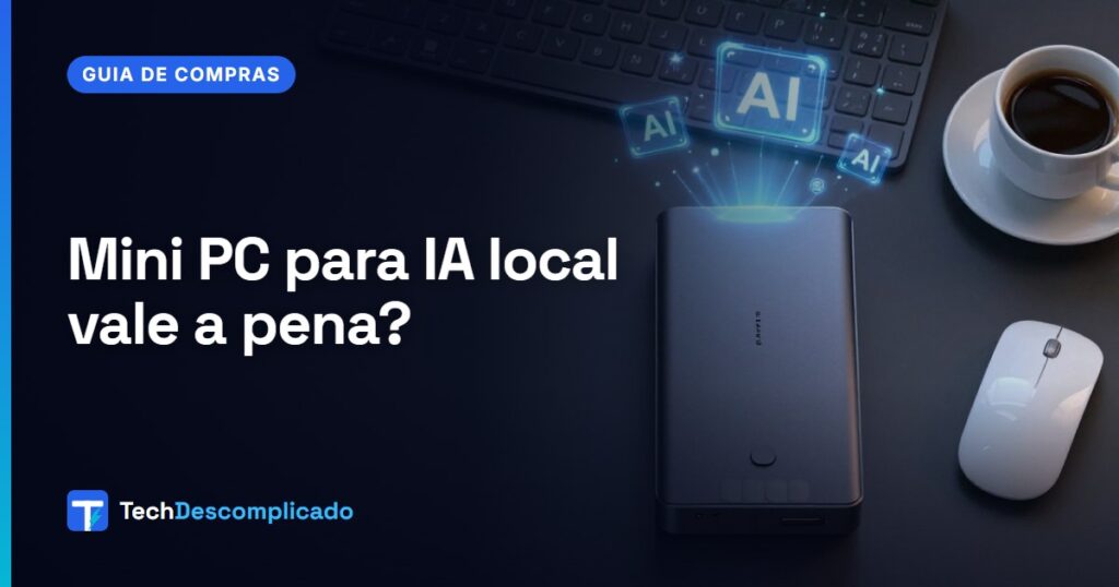 Mini PC compacto sobre a mesa ao lado de teclado, mouse e café, com ícones de IA flutuando