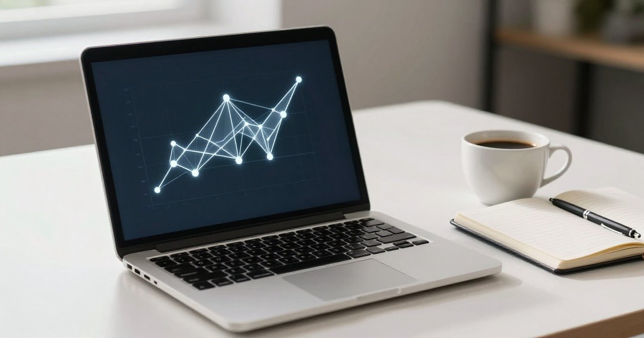 Ilustração de um notebook numa mesa clara mostrando um grafo de pontos ligados, como um mapa de anotações, ao lado de um caderno e de uma xícara de café.