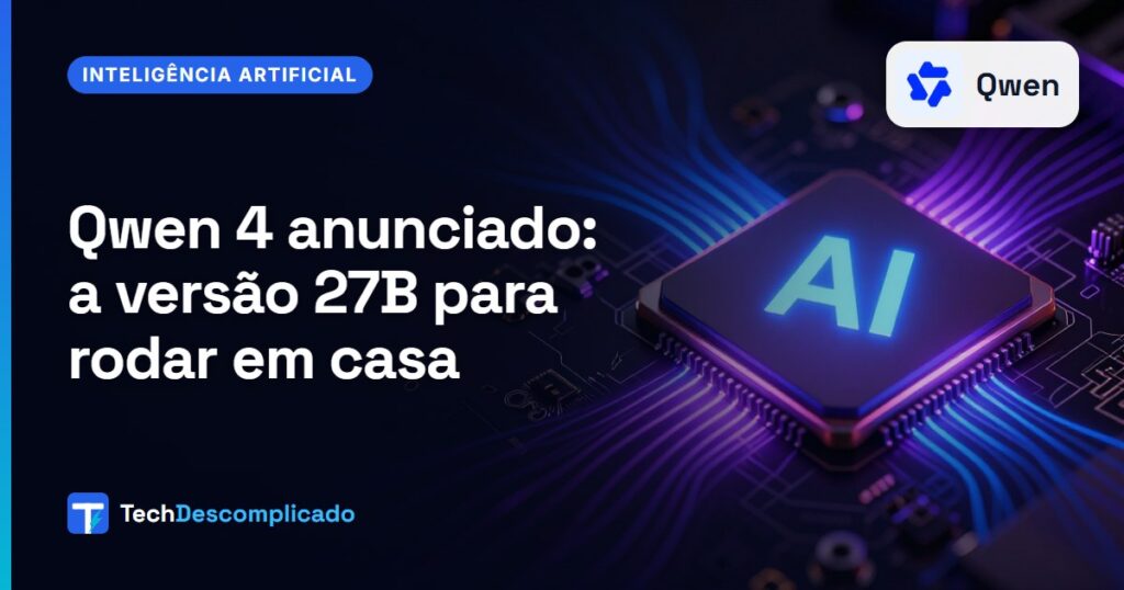Chip de inteligência artificial iluminado em uma placa-mãe, com o logo da Qwen