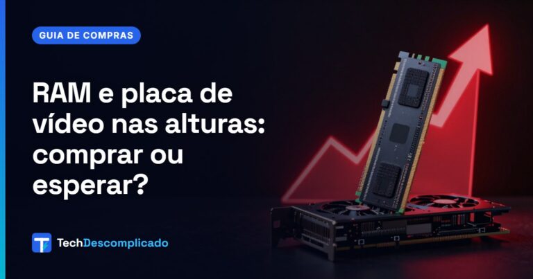 Pentes de memória RAM e placa de vídeo diante de uma seta vermelha de preço subindo