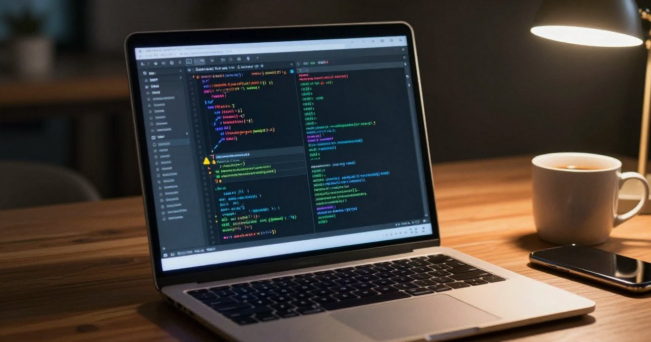Notebook com editor de código e um painel de etapas automáticas de um agente de IA, com um ícone de alerta amarelo