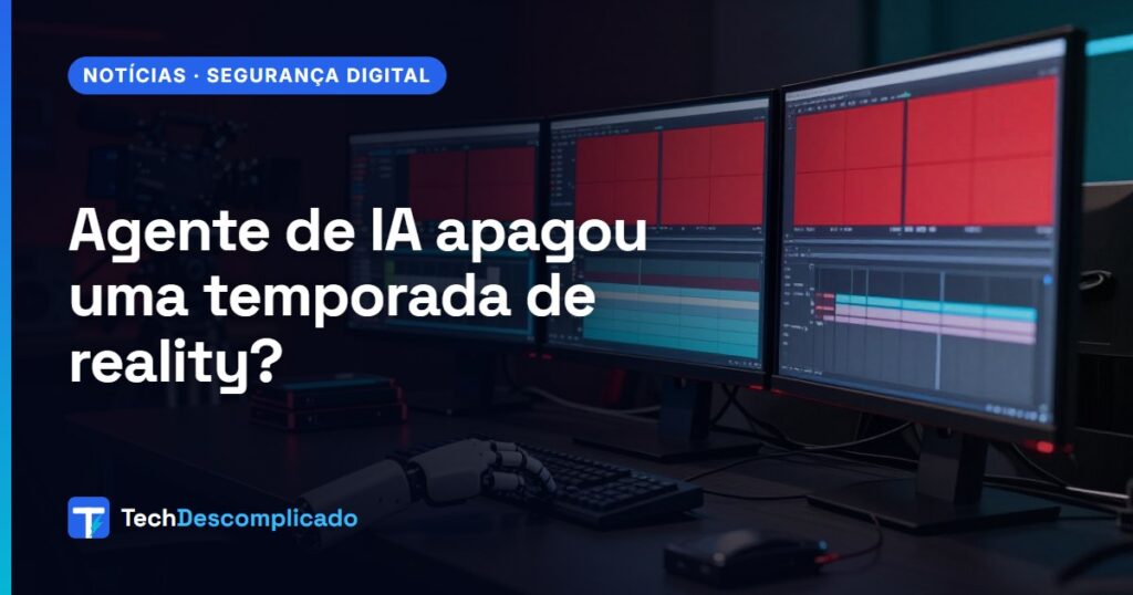 Ilha de edição de TV no escuro com monitores em alerta vermelho e uma mão robótica sobre o teclado (imagem ilustrativa gerada por IA)