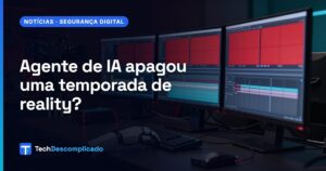 Ilha de edição de TV no escuro com monitores em alerta vermelho e uma mão robótica sobre o teclado (imagem ilustrativa gerada por IA)