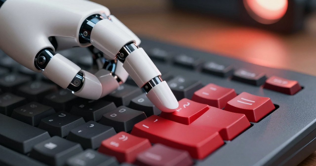 Dedo robótico prestes a apertar uma tecla vermelha num teclado de edição de vídeo, representando um agente de IA apagando arquivos