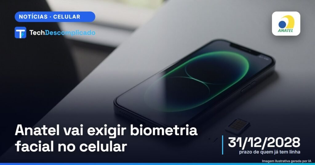 Celular sobre uma mesa clara com um anel verde de reconhecimento facial na tela e um chip ao lado (imagem ilustrativa gerada por IA)