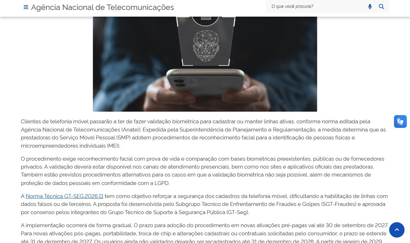 Notícia oficial da Anatel no gov.br sobre a norma de biometria facial obrigatória para linhas de celular