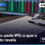 Prospecto impresso com caneta e óculos sobre uma mesa de madeira, com um painel de cotações desfocado ao fundo (imagem ilustrativa gerada por IA)