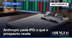 Prospecto impresso com caneta e óculos sobre uma mesa de madeira, com um painel de cotações desfocado ao fundo (imagem ilustrativa gerada por IA)