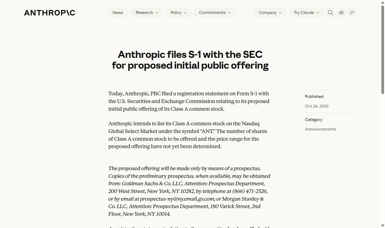 Comunicado da Anthropic sobre o pedido de IPO entregue à SEC