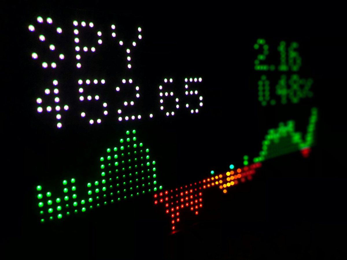 Painel digital de cotações da bolsa com números e gráfico em verde e vermelho, ilustrando a queda das ações de chips e o valor de mercado da Anthropic