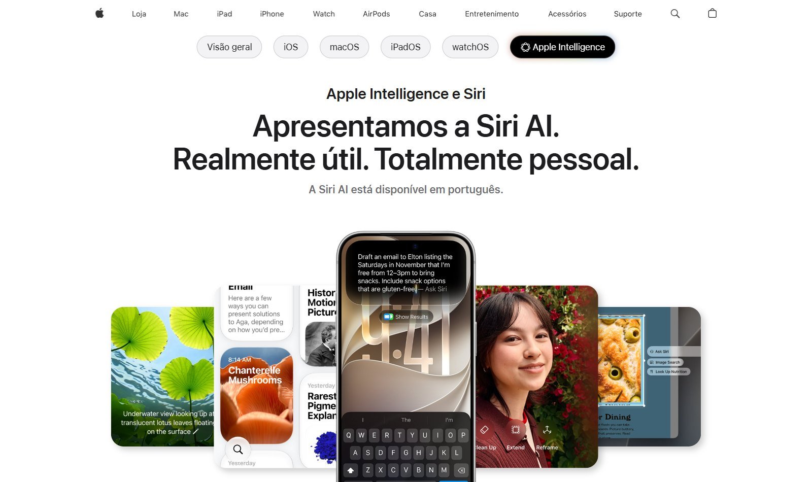 Página oficial da Apple anunciando a Siri AI em português