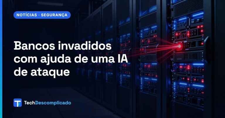 Corredor de data center com servidores azuis e um rack em alerta vermelho atingido por feixes de luz, ilustrando um ataque automatizado