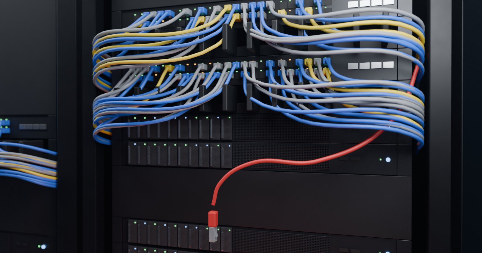 Cabo de rede desconectado pendurado em frente a um switch de data center