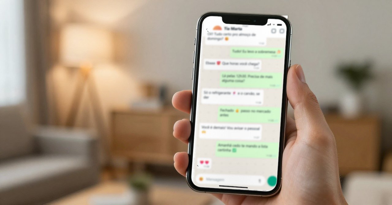 Celular com conversa aberta e seletor de horário para agendar mensagem no WhatsApp