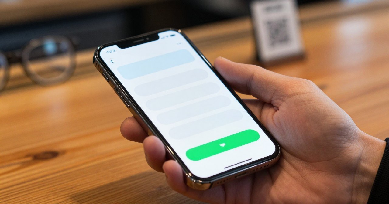 Mão segurando celular na mesa de um bar com a tela de confirmação de pagamento, com o recebedor destacado no topo e o botão de confirmar embaixo, ilustrando o golpe do QR Code