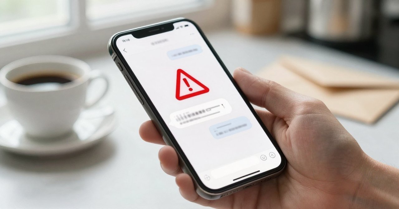 Mão segurando um celular com um alerta vermelho sobre uma mensagem suspeita, com café e um envelope na mesa
