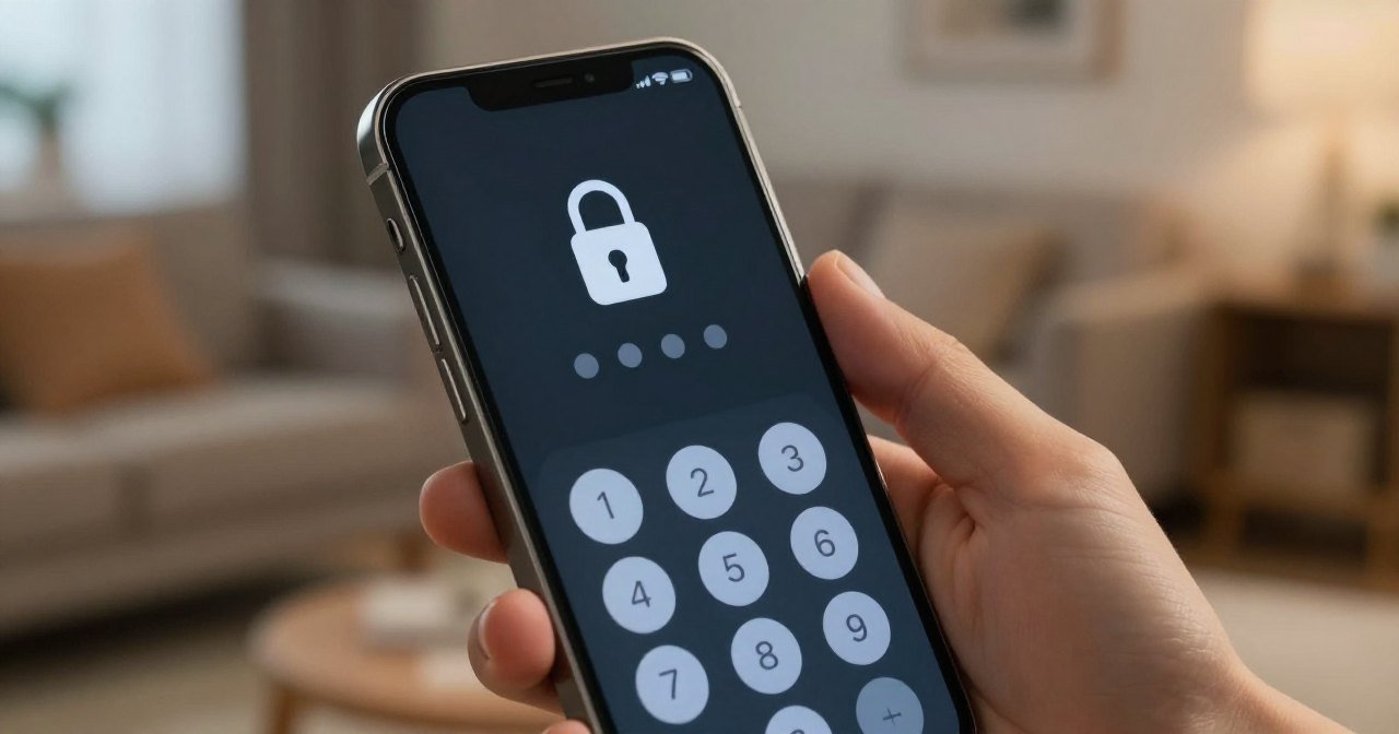 Mão segurando um celular com tela de bloqueio, cadeado e teclado numérico para digitar um PIN de 4 dígitos