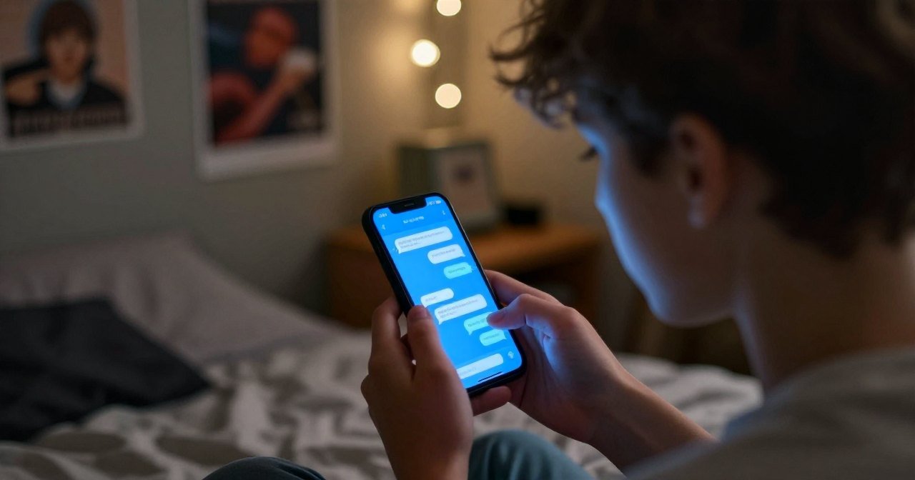 Adolescente de costas no quarto à noite conversando com um personagem de IA no celular, ilustrando o que acontece com as conversas do Character.AI após o pedido de falência