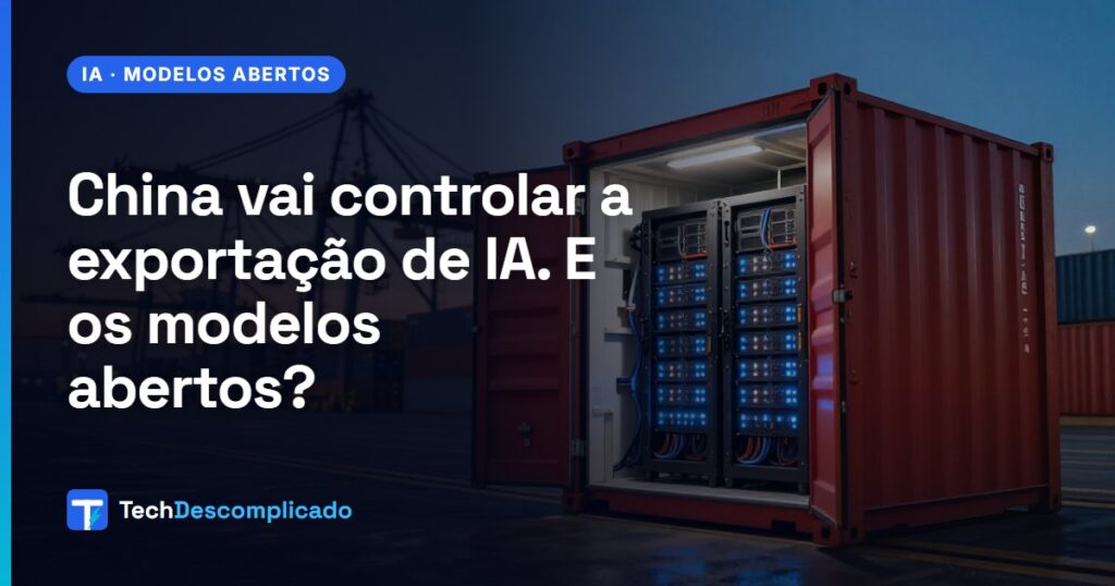 Contêiner de carga aberto num porto ao entardecer com um rack de servidores aceso dentro (imagem ilustrativa gerada por IA)