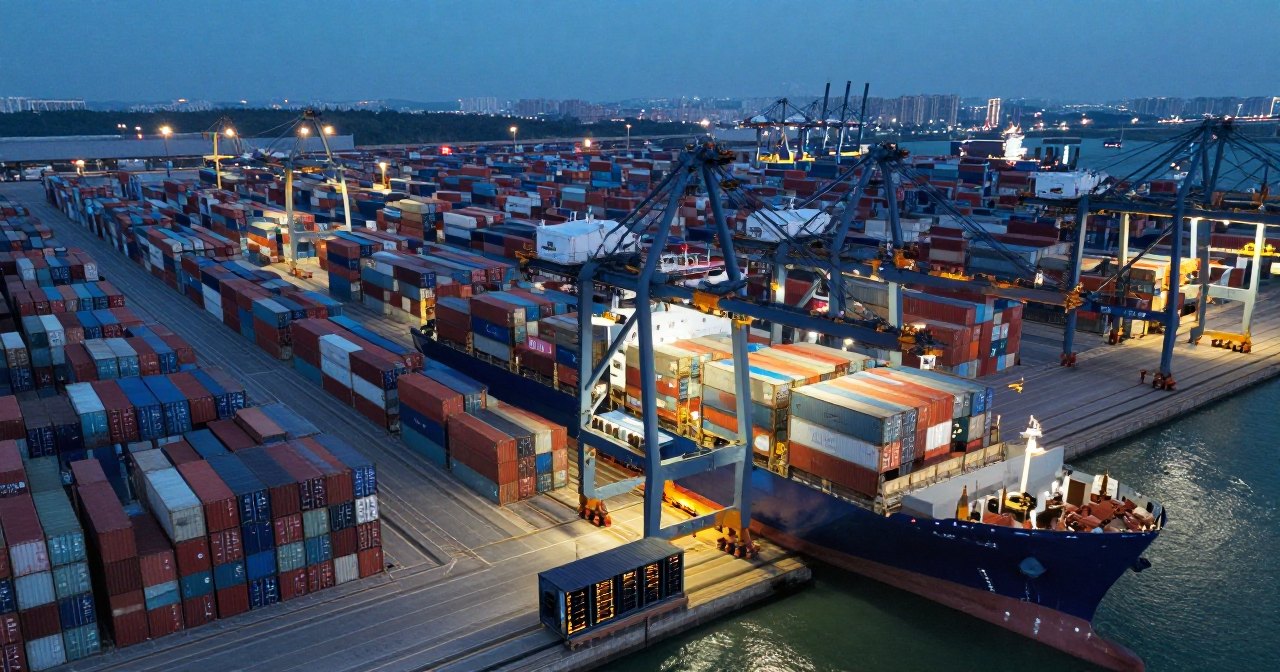 Vista aérea de um grande terminal de contêineres à noite, com navio sendo carregado e um contêiner com servidor aceso no cais, ilustrando o controle de exportação de IA da China