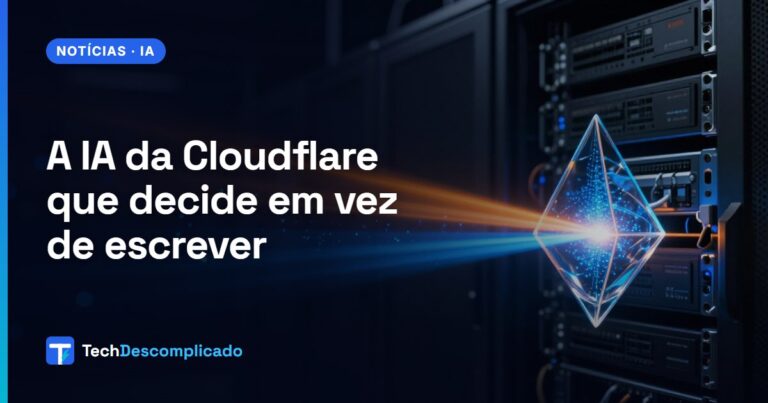 Fluxo de dados luminoso entrando num prisma de vidro diante de racks de servidores, representando um modelo de IA que decide
