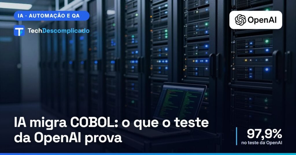Sala de servidores de banco com gabinetes pretos e um notebook com código verde em primeiro plano (imagem ilustrativa gerada por IA)