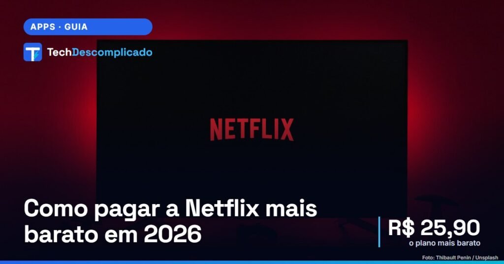 Televisão com o logo da Netflix na tela e luz vermelha na parede (foto: Thibault Penin / Unsplash)