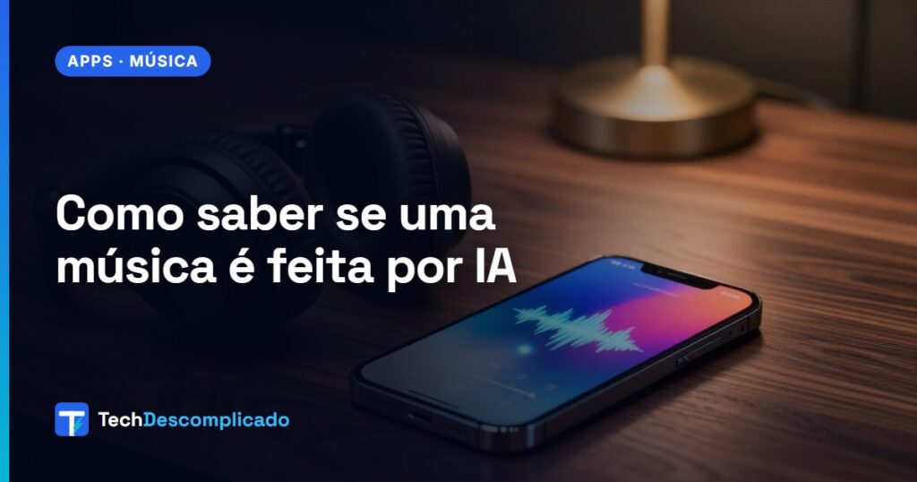 Fone de ouvido e celular tocando música numa mesa de madeira à noite (imagem ilustrativa gerada por IA)