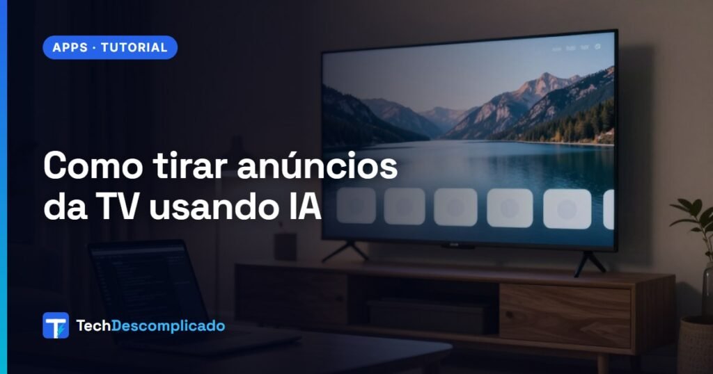 Sala à noite com smart TV na parede mostrando uma tela inicial limpa e notebook com terminal aberto na mesa (imagem ilustrativa gerada por IA)