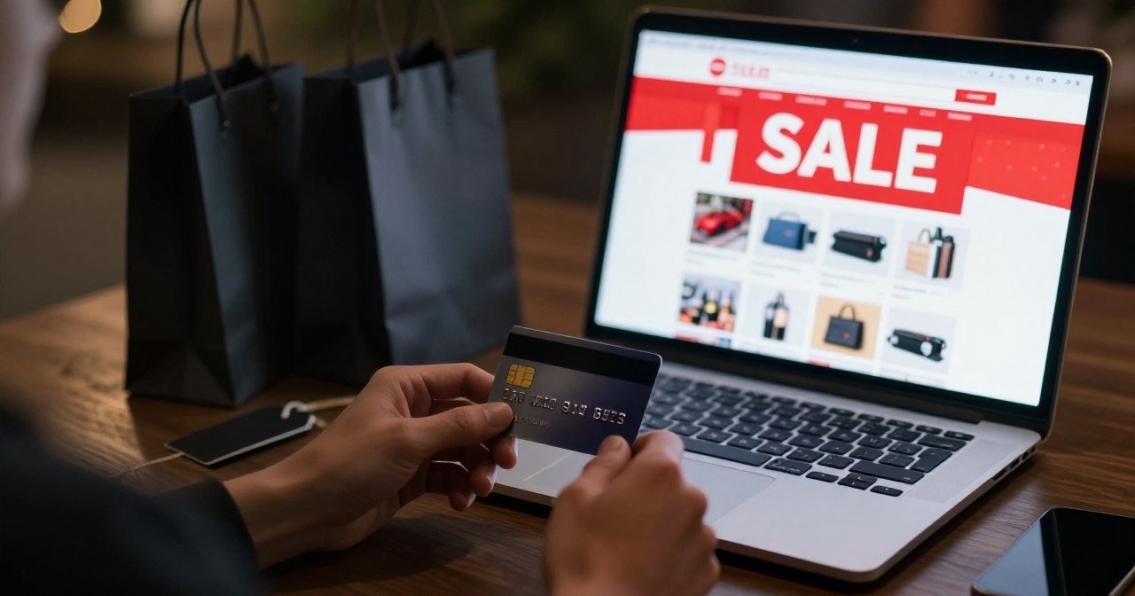 Pessoa segurando cartão de crédito diante de um notebook com página de promoção aberta