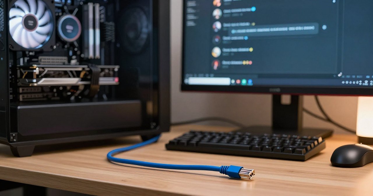 PC com placa de vídeo acesa e cabo de rede desconectado na mesa, representando IA rodando offline em casa