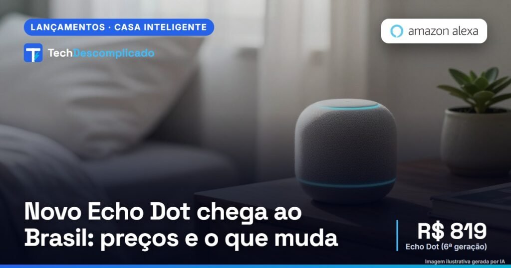 Caixa de som inteligente redonda com anel de luz azul numa mesa de cabeceira de madeira, em um quarto de manhã (imagem ilustrativa gerada por IA)