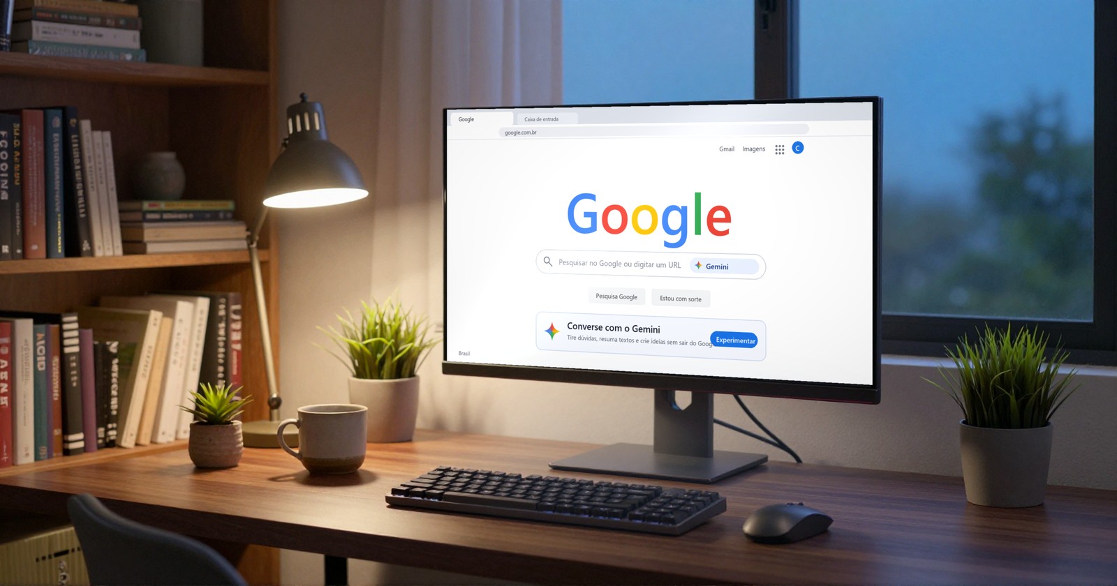 Escritório à noite com um monitor mostrando a página inicial do Google com o símbolo e o cartão do Gemini dentro da página