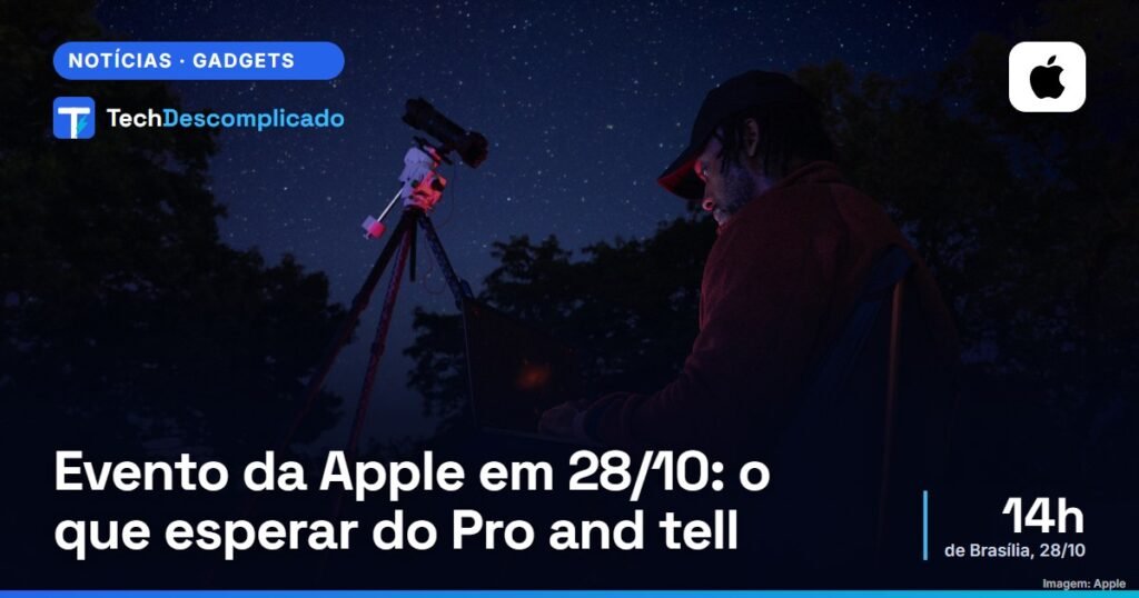 Pessoa usando um MacBook Pro à noite ao lado de um telescópio sob o céu estrelado, em foto oficial de divulgação (imagem: Apple)