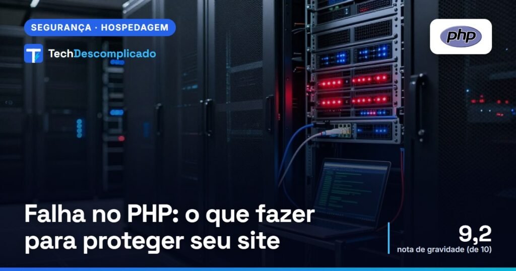 Rack de servidores com luzes vermelhas de alerta e um notebook com terminal aberto (imagem ilustrativa gerada por IA)