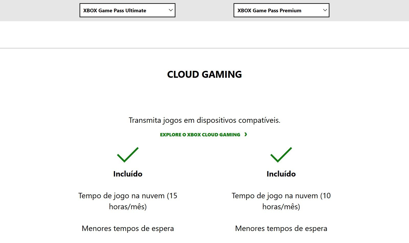 Página oficial do Xbox comparando os planos do Game Pass com as horas de jogo na nuvem