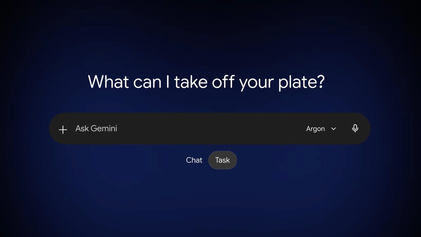 Tela do app do Gemini com o Gemini 4 Argon escolhido no seletor de modelo e os modos Chat e Task (tarefas)