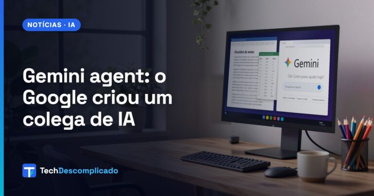 Capa: escritório com monitor mostrando um desktop com programas abertos e o Gemini em destaque