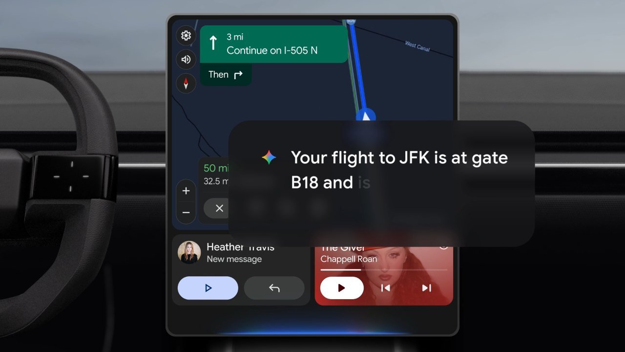 Tela do Android Auto com o Gemini respondendo que o voo para JFK sai do portão B18, exemplo da Inteligência Pessoal no carro