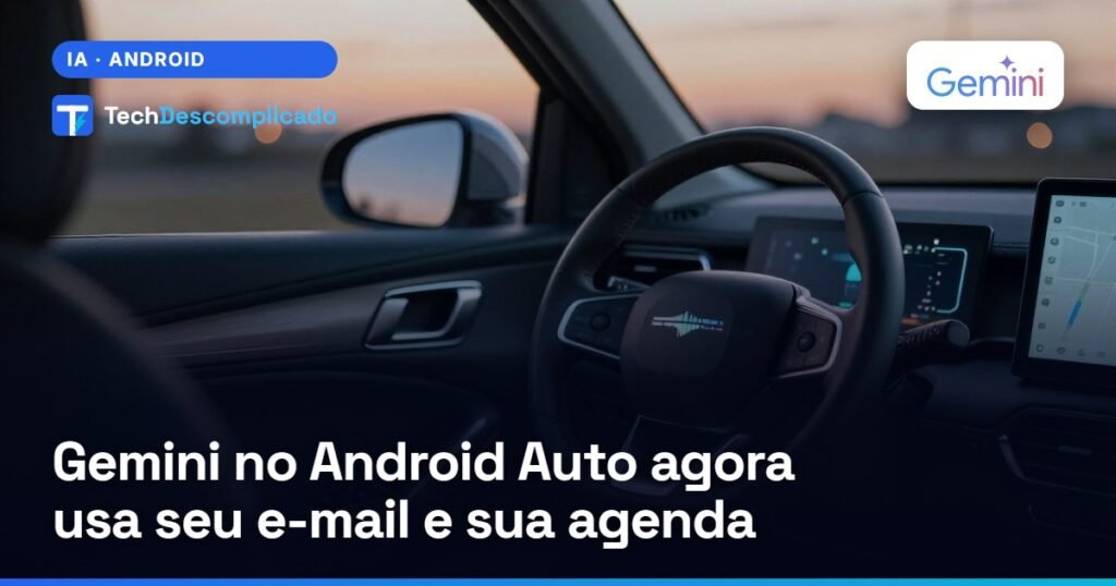 Interior de carro ao entardecer com a central multimídia mostrando mapa e assistente de voz (imagem ilustrativa gerada por IA)