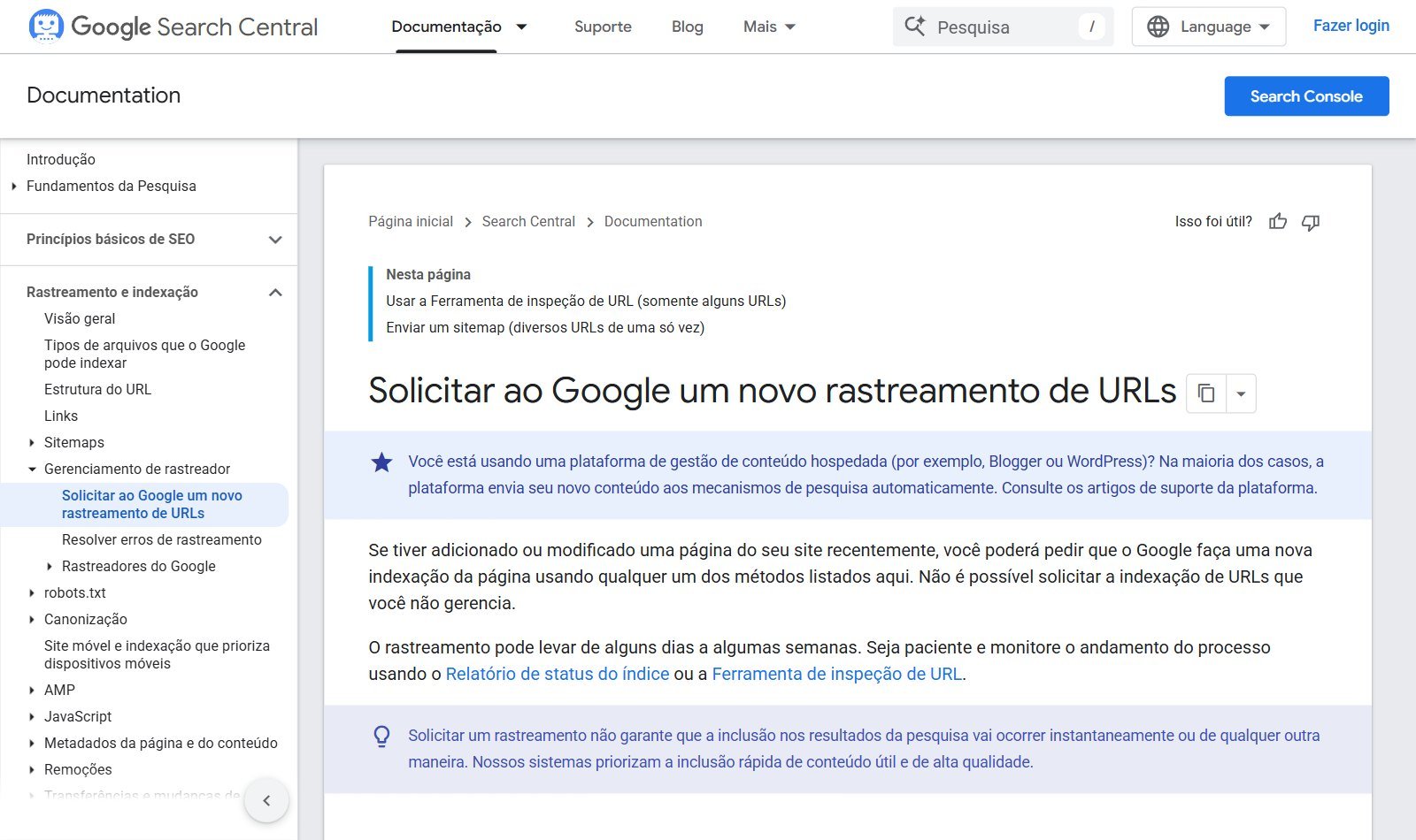 Página do Google Search Central explicando como pedir um novo rastreamento de URLs