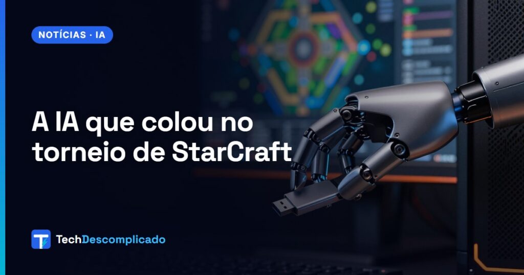 Mão robótica conectando um pendrive a um computador, com um mapa abstrato de jogo de estratégia ao fundo