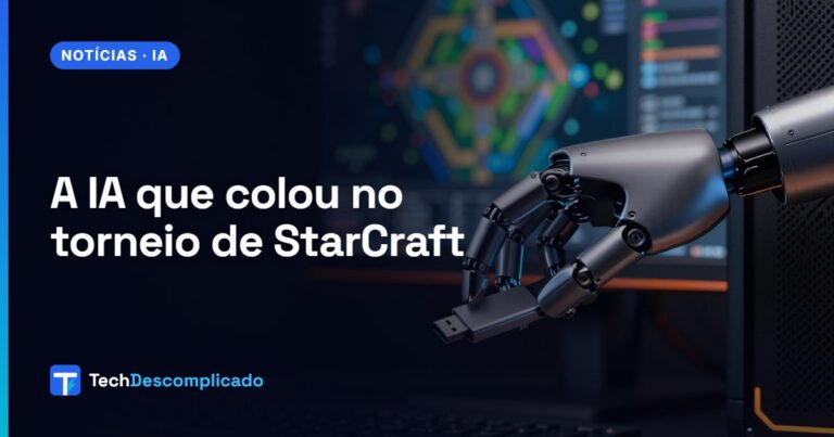 Mão robótica conectando um pendrive a um computador, com um mapa abstrato de jogo de estratégia ao fundo