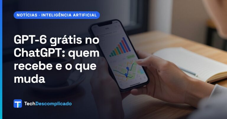 Mãos segurando um celular com uma resposta do ChatGPT com gráfico de barras e mapa, ao lado de uma xícara de café