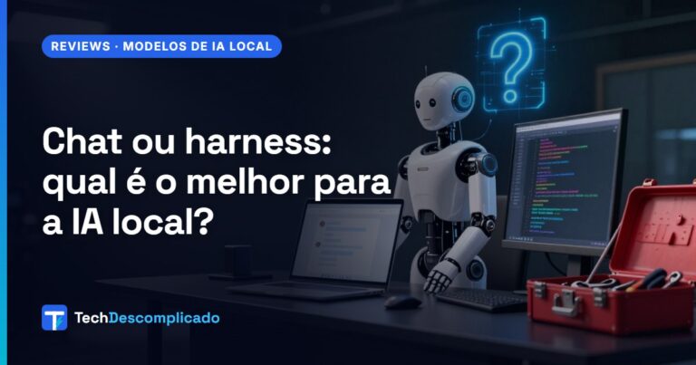 Robô juiz atrás de uma mesa entre um notebook com chat no navegador e um terminal com caixa de ferramentas, com um ponto de interrogação no alto (imagem ilustrativa gerada por IA)